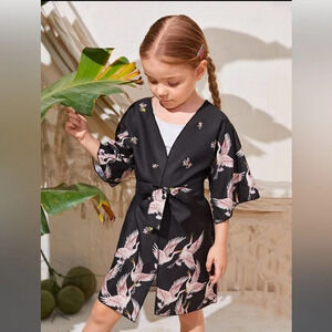Girls Crane Print Belted Kimono, Size 6 years, NWOT